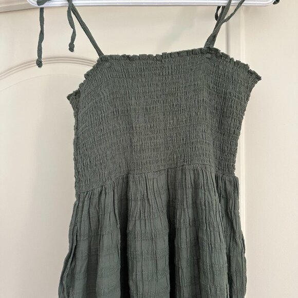 Aerie Olive Green Smocked Midi Dress Tie Straps with Pockets - Picture 6 of 8